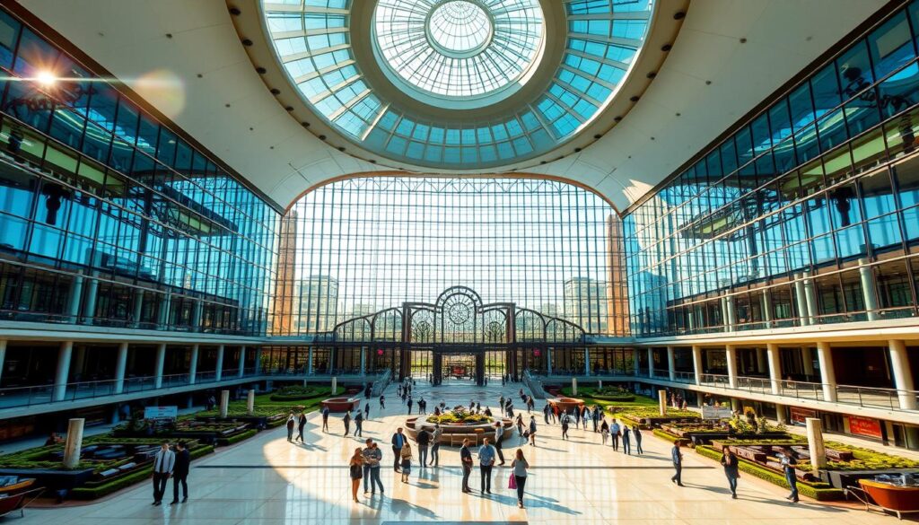 A grandiose, meticulously-designed convention center with a stunning glass-and-steel façade glimmering in the afternoon sun. The centerpiece is Sutera Hall, Alam Sutera - a vast, light-filled atrium with soaring ceilings, elegant arched windows, and a striking circular skylight that bathes the space in a warm, natural glow. Sleek, modern furnishings and meticulously landscaped grounds create an atmosphere of sophistication and prestige. Businesspeople and event-goers mingle in the spacious, well-appointed lobby, conveying a sense of successful enterprise and dynamic opportunity.