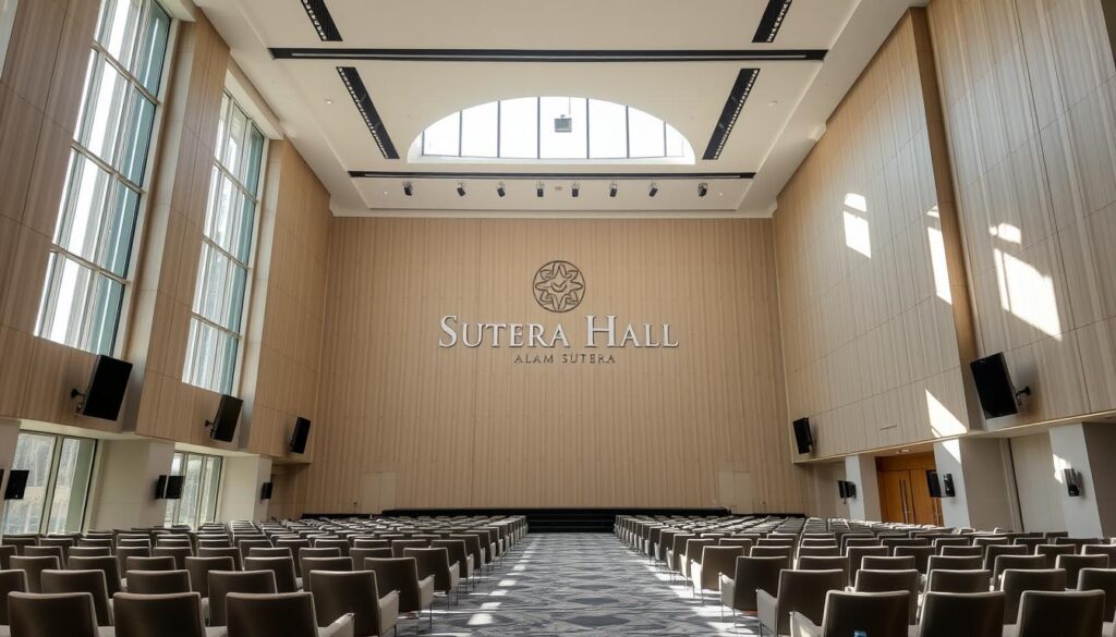 A modern and sophisticated convention center interior, showcasing the Sutera Hall, Alam Sutera. Sunlight streams through floor-to-ceiling windows, illuminating the sleek, minimalist design. High ceilings create a sense of grandeur, while state-of-the-art audio-visual equipment and technology are seamlessly integrated throughout the space. Plush seating arrangements and clean lines convey a professional, yet welcoming atmosphere. The Sutera Hall logo is prominently displayed, lending an air of prestige to the scene. Careful framing highlights the harmonious blend of form and function, creating an image that captures the essence of this modern convention center.