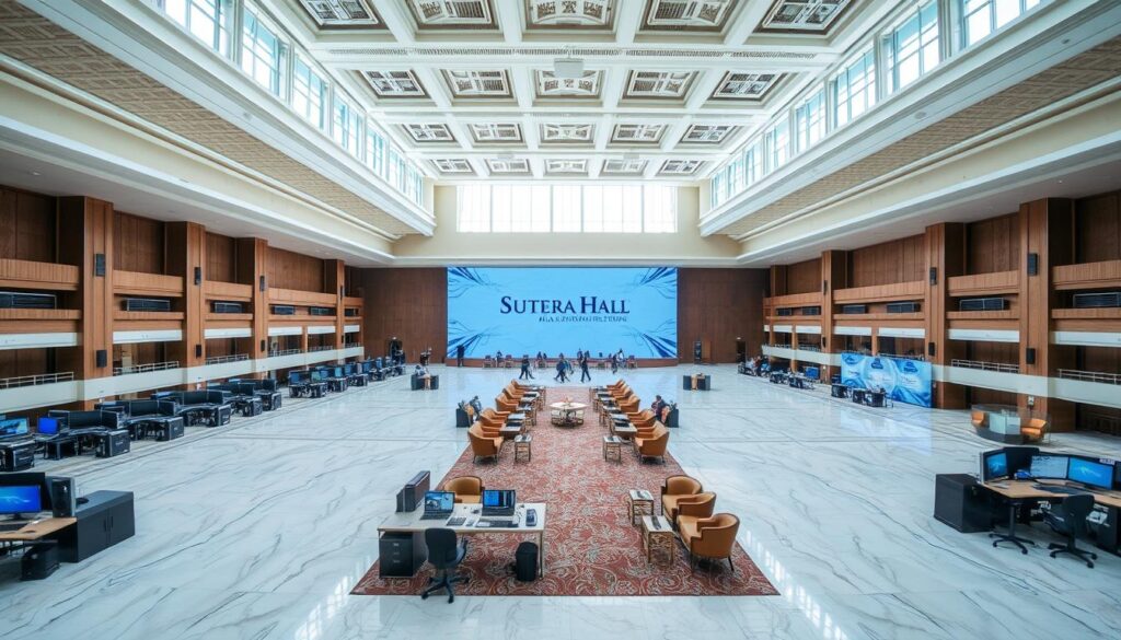 A well-lit, expansive interior of the Sutera Hall, Alam Sutera convention center. The vast, open-plan space features a high ceiling with ornate architectural details, allowing natural light to flood in through large windows. The polished marble floors reflect the ambient illumination, creating a sense of grandeur and sophistication. In the foreground, various work stations and desks are arranged in a professional, organized manner, suggesting the operational side of the convention center. The middle ground showcases elegant seating areas and breakout zones, where attendees can gather and collaborate. The background reveals the iconic Sutera Hall branding, prominently displayed on the wall, solidifying the identity of this premier event venue.