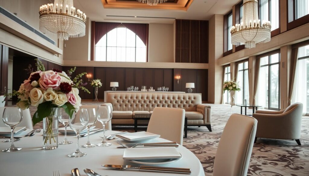 A beautifully designed wedding package with a seamless integration of services. The foreground features a sleek, modern design for a table setting, complete with elegant cutlery, glassware, and a centerpiece of fresh flowers. In the middle ground, a luxurious, tufted sofa in a rich, neutral color sits atop a plush, patterned rug, creating a cozy lounge area. The background showcases the elegant interior of Sutera Hall, Alam Sutera, with its high ceilings, grand chandeliers, and floor-to-ceiling windows that flood the space with natural light, radiating a warm, inviting atmosphere. The overall mood is one of sophistication, luxury, and attention to detail, perfectly capturing the essence of an integrated wedding package.