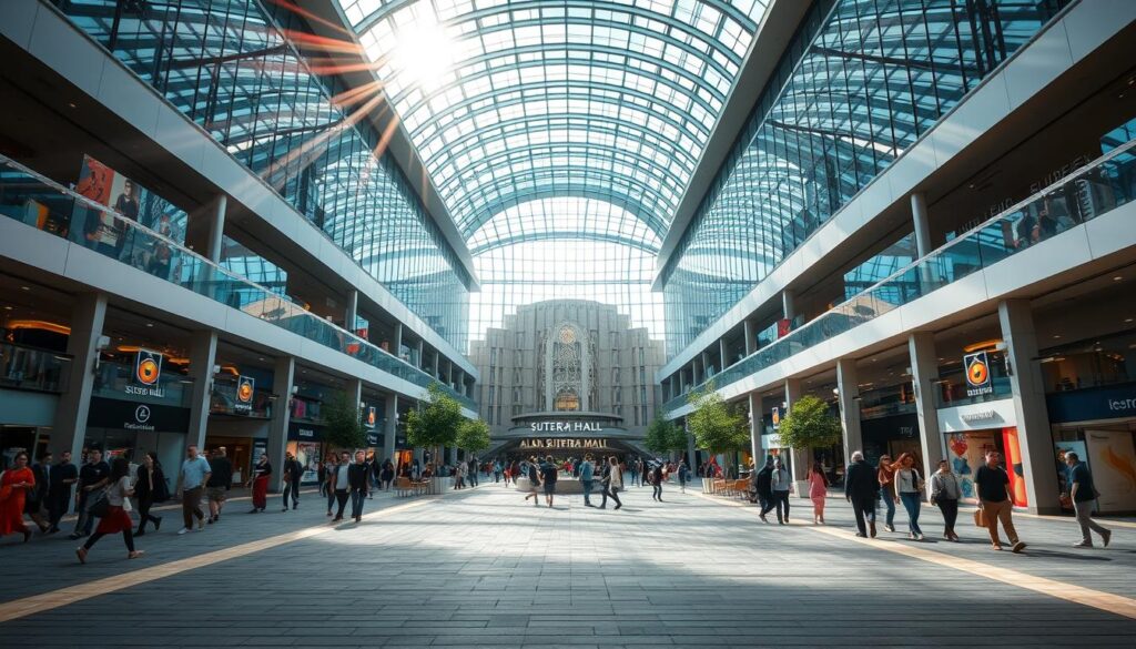 A bustling, modern shopping mall with a grand, glass-enclosed atrium, the Alam Sutera Mall stands as a testament to the vibrant heart of the Alam Sutera community. Sunlight streams through the expansive windows, illuminating the sleek, contemporary architecture and the bustling crowds of shoppers below. In the foreground, a wide, paved walkway leads directly from the mall's entrance, inviting visitors to explore the diverse array of retail outlets, restaurants, and entertainment options within. The Sutera Hall, Alam Sutera, a prominent feature of the mall, can be seen in the distance, its elegant design seamlessly integrated into the overall aesthetic. This image captures the dynamic connectivity and vibrant energy that define the Alam Sutera Mall, setting the stage for the special events and experiences offered at the Sutera Hall.