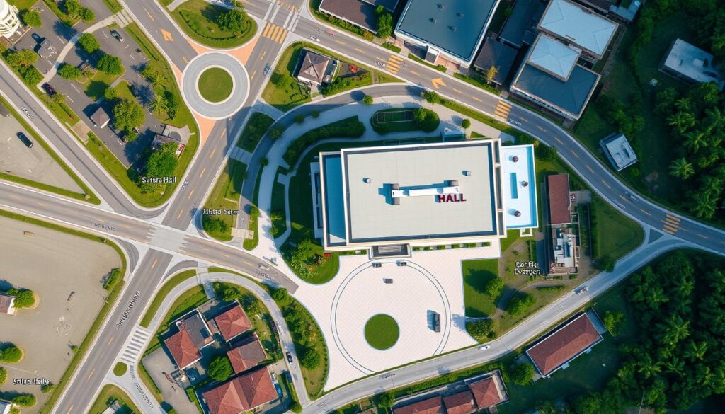 A detailed overhead view of the Sutera Hall, Alam Sutera wedding venue, showcasing its strategic location. The image should display a well-lit, high-resolution aerial map highlighting the surrounding roads, landmarks, and points of interest. The Sutera Hall building should be prominently featured, with clear signage and branding visible. The composition should strike a balance between the facility and its surrounding environment, conveying a sense of accessibility and convenience for the prospective clients. The image should exude a professional, informative, and visually appealing atmosphere suitable for an article on wedding planning solutions.