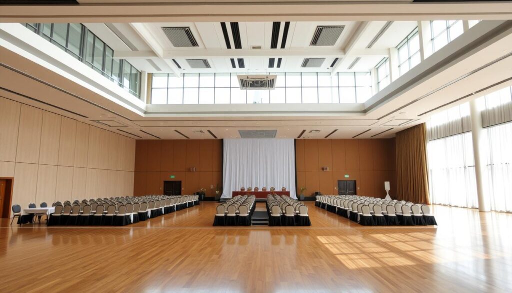 A flexible and spacious event hall in the heart of Alam Sutera, Sutera Hall. Bright, airy interior with high ceilings and large windows flooding the space with natural light. Elegant, modern decor with polished wooden floors and neutral tones. Adaptable layout with movable partitions, allowing for versatile configurations to suit a variety of events, from corporate conferences to lavish weddings. The hall exudes an atmosphere of sophistication and flexibility, perfectly complementing the Sutera Hall, Alam Sutera brand.
