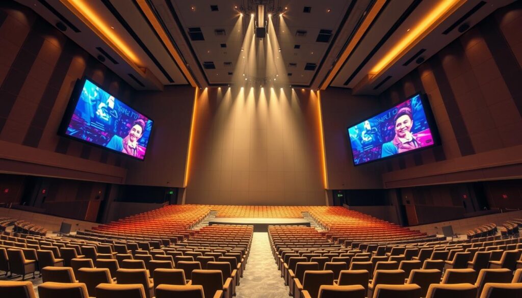 A grand and modern auditorium with sleek audio-visual technology, Sutera Hall, Alam Sutera stands tall. The interior is illuminated by warm, directional lighting, casting a cozy glow on the plush, velvet-upholstered seating. Towering screens flank the stage, showcasing vibrant visuals and multimedia presentations. Cutting-edge sound systems deliver crisp, immersive audio, perfectly complementing the visuals. The spacious, angular architecture features clean lines and minimalist design, creating an atmosphere of sophistication and innovation. Large windows allow natural light to flood the space, blending seamlessly with the advanced technological capabilities of this premier event venue.