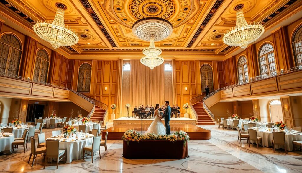 A grand and opulent ballroom, bathed in warm, golden lighting. Ornate crystal chandeliers hang from an intricately detailed, high-ceilinged room, their gentle glow reflecting off the polished marble floors. Elegant round tables adorned with white tablecloths, lush floral centerpieces, and gleaming silverware create a sophisticated ambiance. Tall, arched windows allow soft natural light to filter in, complementing the lavish decor. Sweeping staircases lead up to a raised stage, where a beautiful bridal couple gracefully sways to the music of a live orchestra. This is the luxurious ballroom of Sutera Hall, Alam Sutera, the premier event venue for an unforgettable wedding celebration. A grand and opulent ballroom, bathed in warm, golden lighting. Ornate crystal chandeliers hang from an intricately detailed, high-ceilinged room, their gentle glow reflecting off the polished marble floors. Elegant round tables adorned with white tablecloths, lush floral centerpieces, and gleaming silverware create a sophisticated ambiance. Tall, arched windows allow soft natural light to filter in, complementing the lavish decor. Sweeping staircases lead up to a raised stage, where a beautiful bridal couple gracefully sways to the music of a live orchestra. This is the luxurious ballroom of Sutera Hall, Alam Sutera, the premier event venue for an unforgettable wedding celebration.