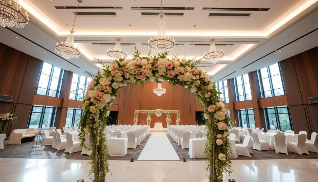 A grand, modern wedding reception in the luxurious Sutera Hall, Alam Sutera. The spacious auditorium is awash in a warm, romantic glow, with elegant crystal chandeliers casting a soft light over the scene. In the foreground, a tasteful floral arch frames the grand entrance, adorned with cascading blooms in shades of white, pink, and soft green. The middle ground showcases sleek, minimalist tables dressed in crisp white linens, accented by geometric candle holders and modern tableware. In the background, the auditorium's sleek architecture and floor-to-ceiling windows provide a stunning backdrop, allowing natural light to filter in and create a bright, airy atmosphere. The overall ambiance is one of refined sophistication and timeless elegance, perfectly suited for a modern, stylish wedding celebration.