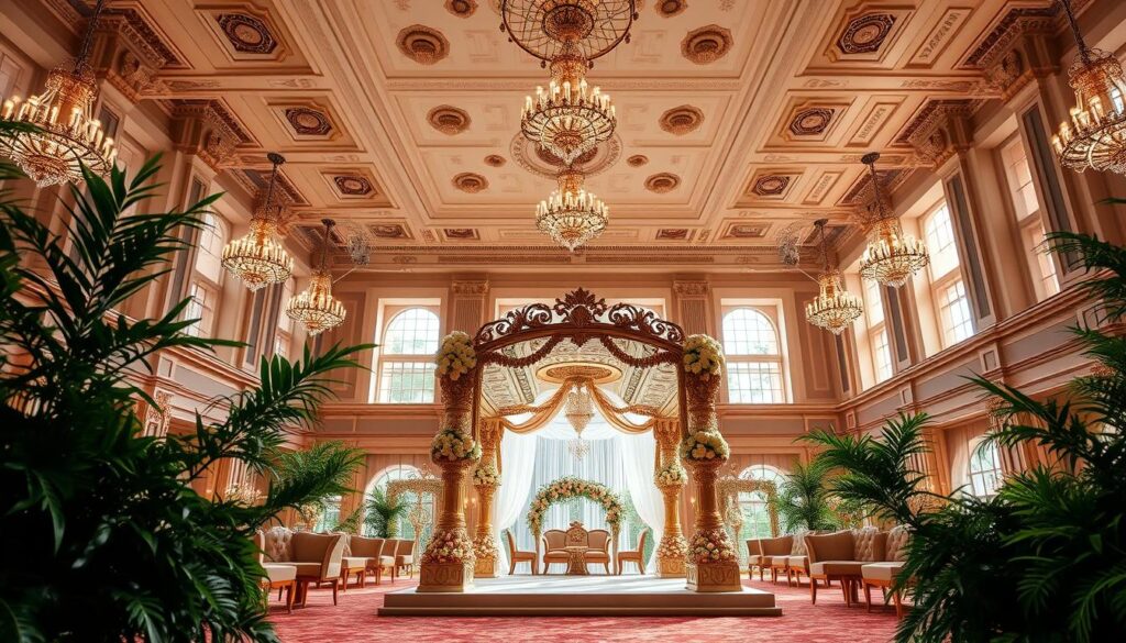 A grand, opulent venue for a lavish wedding celebration. A spacious, sunlit ballroom with towering ceilings and elegant chandeliers casting a warm, romantic glow. Intricate architectural details adorn the walls, while plush, inviting seating arrangements line the perimeter. Lush, verdant foliage frames the scene, creating a serene, natural ambiance. In the foreground, a magnificent, ornately decorated wedding arch stands as the centerpiece, ready to host the special occasion. Sutera Hall, Alam Sutera, a venue that offers a complete package of exceptional facilities to make any wedding day truly unforgettable.