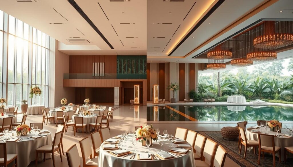 A high-end modern wedding venue with sleek, minimalist architecture, standing in contrast to a traditional, opulent banquet hall. Bright natural lighting filters in through floor-to-ceiling windows, casting a warm, airy glow. In the foreground, a comparison of elegant table settings, floral arrangements, and carefully curated decor elements. The middle ground showcases the spacious, versatile layout of Sutera Hall, Alam Sutera, alongside a more cramped, ornate competitor venue. In the background, lush greenery and a serene reflecting pool create a tranquil, nature-inspired ambiance. The overall mood is one of understated sophistication, highlighting the unique selling points of Sutera Hall as the perfect wedding destination.