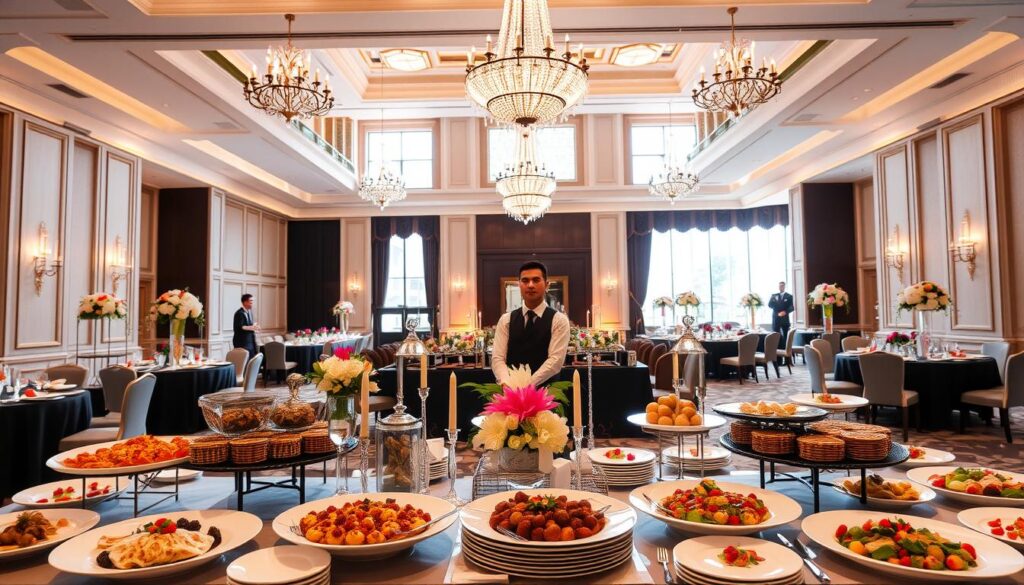 A lavish and elegant catering setup within the grand Sutera Hall event venue in Alam Sutera. The foreground features an exquisite display of gourmet dishes, expertly plated and garnished. Centerpieces of fresh flowers, candles, and elegant tableware create a refined atmosphere. In the middle ground, servers in crisp uniforms attend to the guests, ensuring a seamless dining experience. The background showcases the venue's sophisticated architecture, with high ceilings, ornate chandeliers, and large windows allowing natural light to flood the space. Warm, soft lighting enhances the overall luxurious ambiance, creating a truly exceptional catering presentation for Sutera Hall, Alam Sutera. Prompt