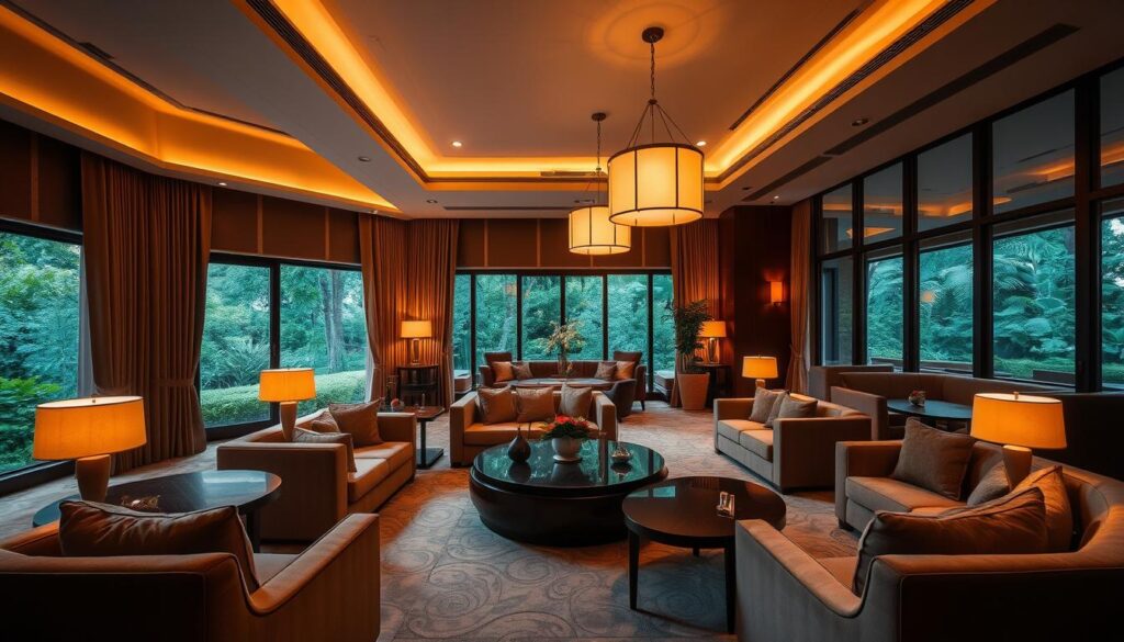 A luxurious VIP lounge at Sutera Hall, Alam Sutera, bathed in warm, soft lighting. Rich, velvety textures adorn the furniture, creating an intimate, exclusive ambiance. Elegant pendant lights cast a gentle glow, complementing the plush, neutral-toned decor. A spacious, elegant room with high ceilings and large windows offering sweeping views of the lush, verdant surroundings. Discreet, high-end furnishings and subtle, sophisticated accents convey a sense of refined sophistication and privacy. An impeccably designed space that exudes an air of exclusivity and indulgence.