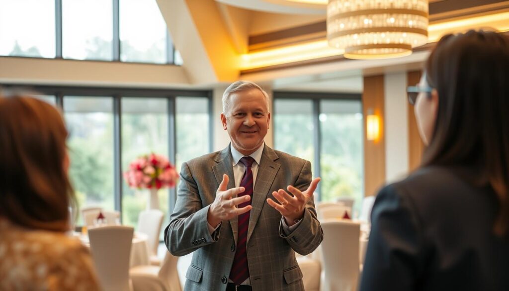 A middle-aged man, Tim, stands confidently in a smartly-tailored suit, exuding professionalism and expertise. He gestures animatedly, engaged in a conversation with two clients in a high-end event venue, Sutera Hall, Alam Sutera. The space features modern decor, warm lighting, and large windows overlooking lush greenery. Tim's expression is attentive and personable, conveying his ability to understand and cater to the needs of his customers. The scene captures the essence of an experienced event planner guiding his clients through the planning process in a sophisticated, yet welcoming setting. A middle-aged man, Tim, stands confidently in a smartly-tailored suit, exuding professionalism and expertise. He gestures animatedly, engaged in a conversation with two clients in a high-end event venue, Sutera Hall, Alam Sutera. The space features modern decor, warm lighting, and large windows overlooking lush greenery. Tim's expression is attentive and personable, conveying his ability to understand and cater to the needs of his customers. The scene captures the essence of an experienced event planner guiding his clients through the planning process in a sophisticated, yet welcoming setting.