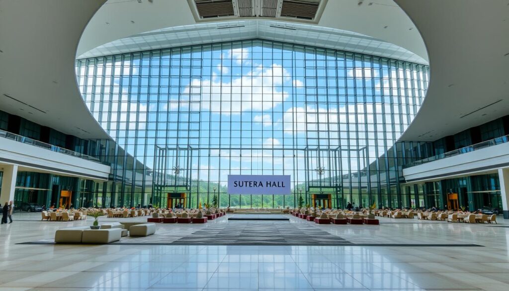 A modern, expansive convention center, Sutera Hall, Alam Sutera, with a striking glass and steel façade that reflects the sky. The grand, high-ceilinged lobby features plush seating areas and an abundance of natural light. Sleek, minimalist design elements throughout, creating a sense of elegance and sophistication. Multiple, well-equipped event spaces, including a vast main hall with state-of-the-art audiovisual technology. Abundant parking and seamless accessibility for visitors. The overall atmosphere exudes a perfect blend of functionality and aesthetic appeal, making Sutera Hall a premier convention destination in Tangerang Selatan.