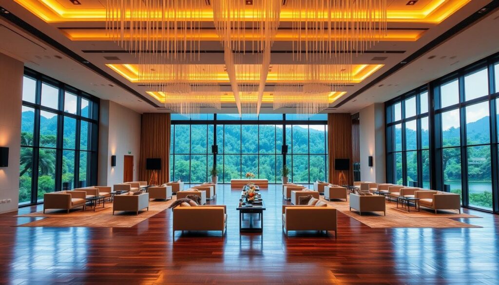 A modern, well-appointed main hall in the Sutera Hall, Alam Sutera event venue. The spacious, airy room features sleek, minimalist furnishings with clean lines and a neutral color palette. Warm, diffused lighting cascades from the high ceiling, casting a soft glow throughout the space. Large windows provide ample natural light and offer breathtaking views of the lush, verdant surroundings outside. The polished hardwood floors and the subtle textures of the fabrics create a sophisticated, yet inviting atmosphere. This exceptional event space seamlessly blends modern design elements with a touch of nature, exuding a sense of refined elegance.