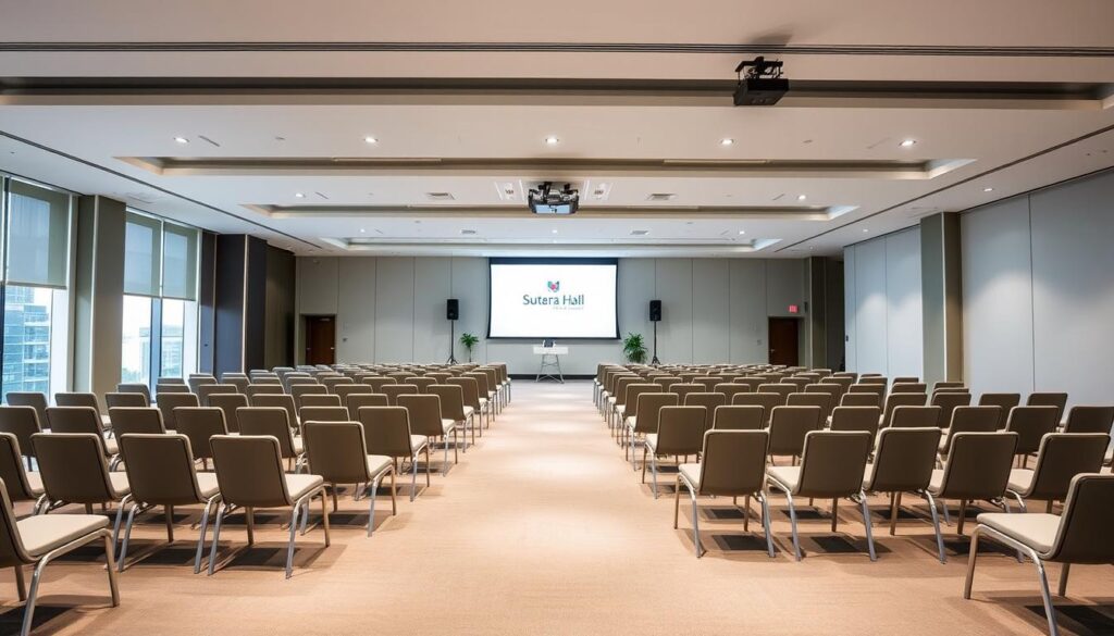 A modern, well-appointed seminar facility with a spacious, light-filled interior. Sleek, minimalist design with clean lines and a neutral color palette. Rows of comfortable chairs arranged facing a large projection screen, surrounded by ample natural lighting from floor-to-ceiling windows. High-quality sound system and multimedia equipment discreetly integrated into the sophisticated decor. Sutera Hall, Alam Sutera logo subtly displayed on the wall behind the stage. An atmosphere of professionalism and productivity, ideal for hosting conferences, workshops, and other business events. A modern, well-appointed seminar facility with a spacious, light-filled interior. Sleek, minimalist design with clean lines and a neutral color palette. Rows of comfortable chairs arranged facing a large projection screen, surrounded by ample natural lighting from floor-to-ceiling windows. High-quality sound system and multimedia equipment discreetly integrated into the sophisticated decor. Sutera Hall, Alam Sutera logo subtly displayed on the wall behind the stage. An atmosphere of professionalism and productivity, ideal for hosting conferences, workshops, and other business events.