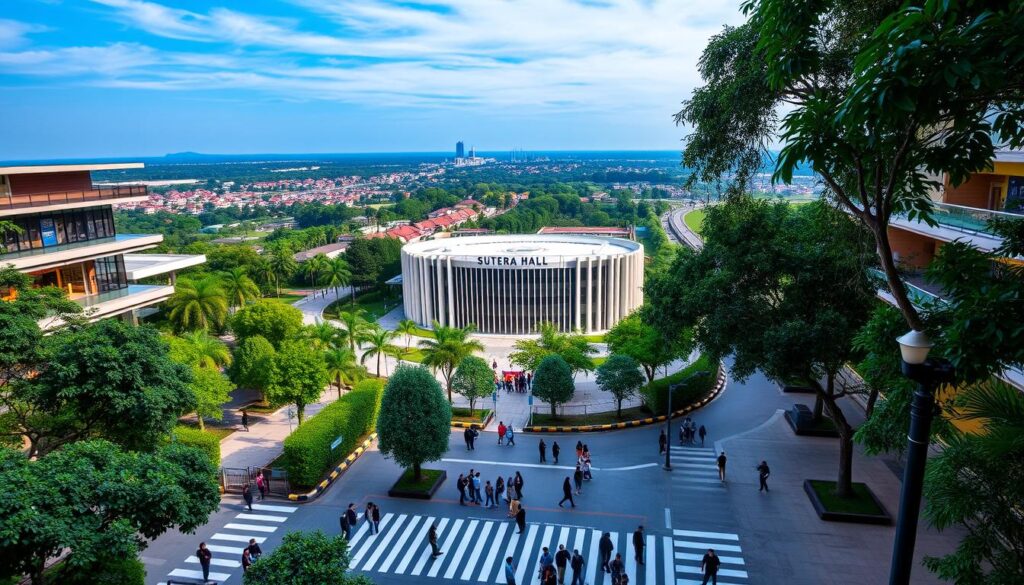 A modern, well-connected shopping mall surrounded by lush greenery, with the Sutera Hall, Alam Sutera building prominently featured in the middle ground. The foreground showcases a busy pedestrian crossing, with people moving through the area. The background reveals a panoramic view of the surrounding neighborhood, with a clear blue sky overhead. The lighting is soft and natural, creating a warm and inviting atmosphere. The overall composition highlights the seamless integration of the mall and the auditorium, emphasizing the convenient accessibility for event attendees.