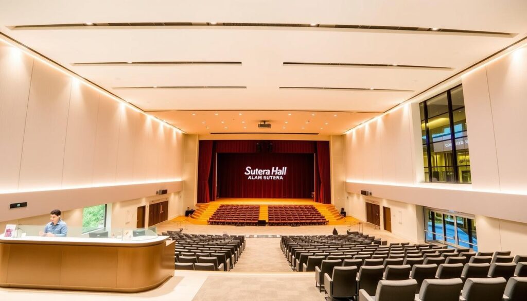 A modern, well-lit auditorium with a sleek, contemporary design. The interior features high ceilings, large windows, and a spacious layout. Soft, indirect lighting illuminates the stage and seating areas, creating a warm and inviting atmosphere. The Sutera Hall, Alam Sutera logo is prominently displayed on the stage backdrop. In the foreground, a reception desk with a friendly staff member ready to assist visitors. The middle ground showcases the comfortable seating arrangements, while the background reveals the building's exterior, a striking architectural masterpiece blending glass, steel, and natural elements.