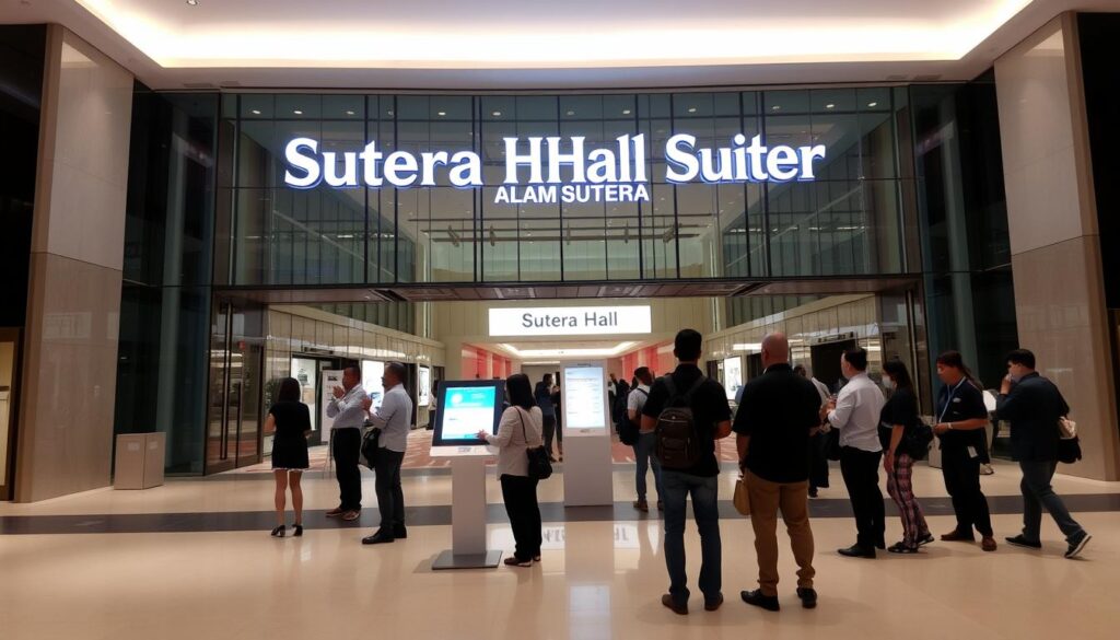 A modern, well-lit convention center entrance with the "Sutera Hall, Alam Sutera" branding prominently displayed. In the foreground, a group of visitors are easily accessing information about the venue's services and facilities through a touchscreen kiosk. The middle ground features clear signage directing attendees to different areas of the convention center. In the background, the sleek, glass-and-steel architecture creates a sense of openness and accessibility. The overall atmosphere conveys a professional, welcoming, and technologically-advanced experience for event organizers and attendees.