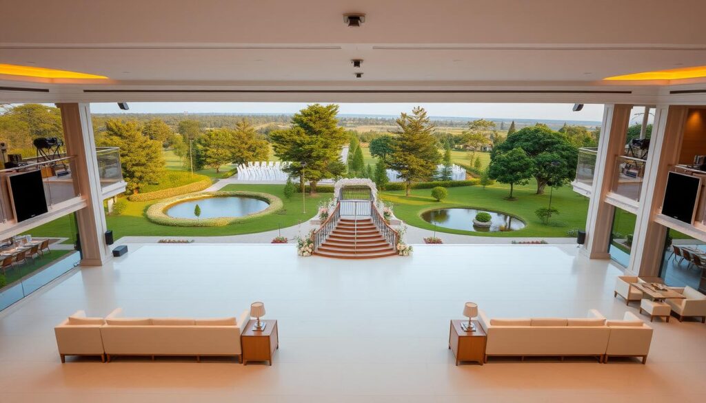 A pristine and expansive wedding venue, Sutera Hall, Alam Sutera, showcasing a serene outdoor setting with lush greenery, manicured lawns, and tranquil ponds. In the foreground, a modern, well-appointed event space with floor-to-ceiling windows, allowing natural light to flood the interior. Elegant furnishings, tasteful decor, and state-of-the-art audio-visual equipment create an atmosphere of sophistication and comfort. The middle ground features a grand, ornate staircase leading to a mezzanine level, providing additional versatile event spaces. In the background, a panoramic view of the surrounding natural landscape, with towering trees and a picturesque horizon. Warm, diffused lighting sets an inviting and romantic ambiance, perfectly suited for a dream wedding celebration.