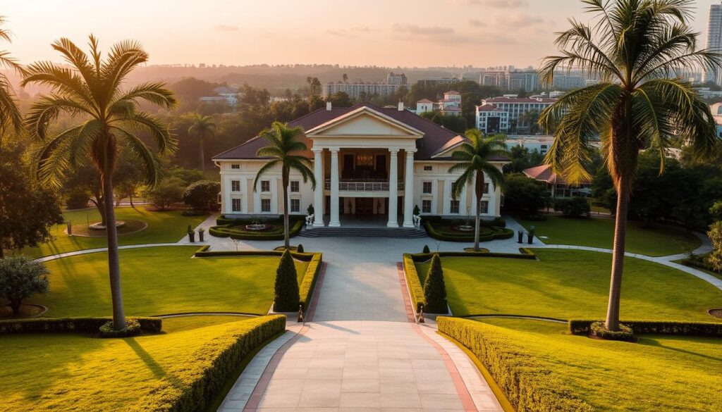A scenic view of the majestic Sutera Hall, Alam Sutera, nestled within a lush, verdant landscape. The building's elegant architecture, with its towering columns and grand entryway, is bathed in warm, golden lighting, creating a welcoming and sophisticated ambiance. In the foreground, a well-maintained pathway leads visitors towards the entrance, flanked by meticulously groomed shrubbery and towering palm trees. The middle ground showcases the expansive, neatly landscaped grounds, with manicured lawns and strategically placed decorative elements, all converging towards the focal point of the Sutera Hall. The background features a picturesque backdrop of the surrounding Alam Sutera community, with its modern, harmonious buildings and thriving greenery, further enhancing the sense of place and setting the stage for this inspirational wedding venue.