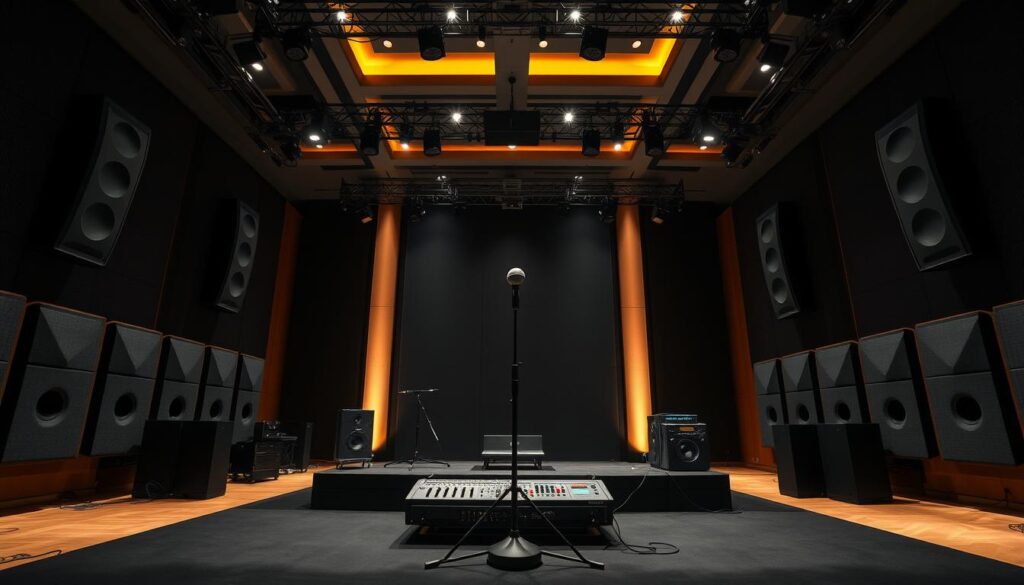 A sophisticated sound system fills the Sutera Hall event venue in Alam Sutera, with sleek black speakers and intricate cabling elegantly arranged. Soft ambient lighting casts a warm glow, highlighting the advanced digital mixer and state-of-the-art amplifiers that power the crystal-clear audio. Cutting-edge acoustic panels line the walls, meticulously engineered to deliver immersive surround sound. At the center, a high-end microphone stand stands ready, poised to capture every nuance of the performance. The entire setup exudes a sense of technological prowess, seamlessly blending form and function to elevate the event experience.