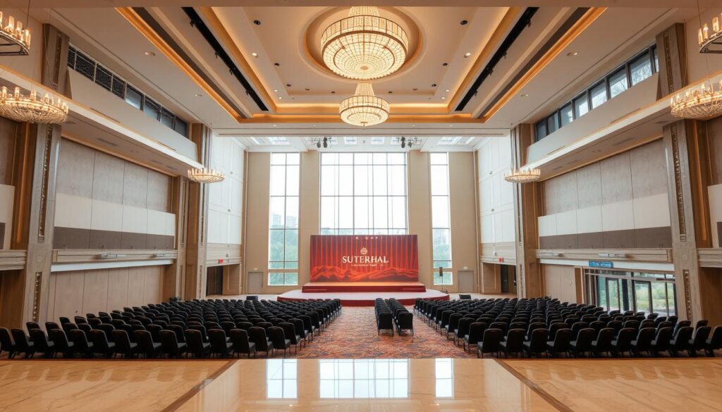 A spacious and well-appointed event hall, the Sutera Hall in Alam Sutera features a grand foyer with high ceilings, polished marble floors, and elegant chandeliers casting a warm glow. In the main event space, a large stage takes center stage, flanked by rows of comfortable seating. Abundant natural light floods in through expansive windows, creating a bright and airy atmosphere. The hall is equipped with state-of-the-art audio-visual systems, enabling versatile configurations for conferences, gala dinners, and cultural performances. Meticulously designed to cater to a wide range of events, the Sutera Hall, Alam Sutera is the premier event destination in Tangerang Selatan.