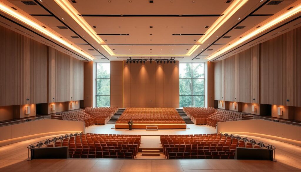 A spacious, modern auditorium with high ceilings and sleek, minimalist design. Warm lighting casts a soft glow, highlighting the smooth, polished floors and elegant, tiered seating. The stage takes center stage, equipped with state-of-the-art audio-visual technology, ready to host a range of events. In the background, floor-to-ceiling windows offer a panoramic view of the lush, verdant surroundings of the Sutera Hall, Alam Sutera. An atmosphere of sophistication and versatility, perfect for maximizing the impact of any event.