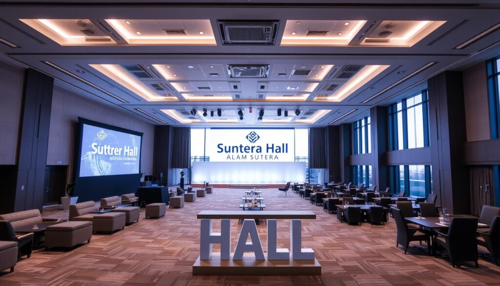 A spacious, well-lit event venue with a sleek, modern aesthetic. The room features cutting-edge audio-visual technology, including large projection screens, recessed lighting, and a high-end sound system. The floor plan is flexible, with modular furniture and partitions that can be easily rearranged to suit various event configurations. In the foreground, the Sutera Hall, Alam Sutera brand is prominently displayed on a large, backlit sign. The middle ground showcases a variety of seating options, from plush lounge chairs to sleek conference tables. The background depicts floor-to-ceiling windows, offering stunning views of the surrounding Alam Sutera development. An atmosphere of sophistication, efficiency, and technological innovation permeates the space. A spacious, well-lit event venue with a sleek, modern aesthetic. The room features cutting-edge audio-visual technology, including large projection screens, recessed lighting, and a high-end sound system. The floor plan is flexible, with modular furniture and partitions that can be easily rearranged to suit various event configurations. In the foreground, the Sutera Hall, Alam Sutera brand is prominently displayed on a large, backlit sign. The middle ground showcases a variety of seating options, from plush lounge chairs to sleek conference tables. The background depicts floor-to-ceiling windows, offering stunning views of the surrounding Alam Sutera development. An atmosphere of sophistication, efficiency, and technological innovation permeates the space.