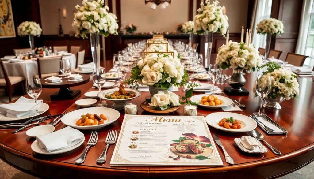A sumptuous and meticulously arranged wedding catering menu displayed on a beautifully crafted wooden table. An elegant array of fine china, polished silverware, and exquisite floral centerpieces create a sophisticated ambiance. The menu features a selection of delectable dishes, each presented with artistic flair, showcasing the culinary expertise of Sutera Hall, Alam Sutera. Soft, natural lighting illuminates the scene, lending a warm and inviting atmosphere. The overall composition conveys a sense of refined elegance and attention to detail, perfectly capturing the essence of a memorable wedding celebration.