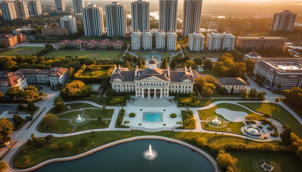 A sweeping aerial view of the Alam Sutera residential and commercial district in Tangerang Selatan, Indonesia. In the center, the grand Sutera Hall stands prominently, its elegant architecture and meticulously landscaped grounds creating an inviting oasis for wedding celebrations. Manicured gardens, sparkling fountains, and a serene lake surround the venue, while in the background, the modern high-rise buildings of Alam Sutera's thriving commercial hub rise up, conveying a sense of urban sophistication. Warm, golden sunlight bathes the scene, imbuing it with a sense of timeless beauty and exclusivity befitting the "Sutera Hall, Alam Sutera" wedding venue.