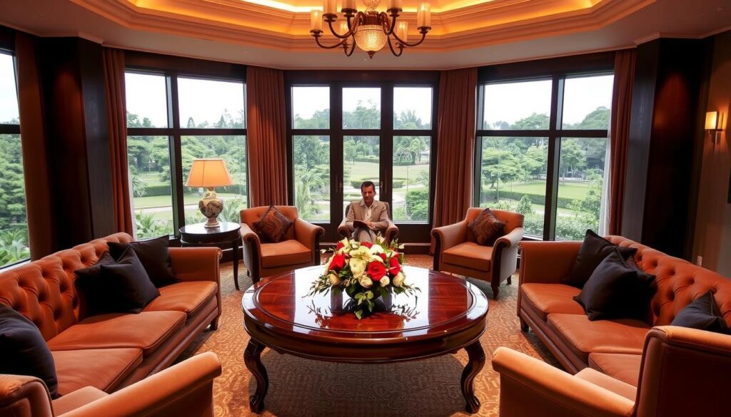 A tastefully decorated wedding consultation room at the prestigious Sutera Hall, Alam Sutera. Warm lighting casts a soft glow on the elegant furnishings - plush velvet sofas, a polished wood table, and a stunning floral centerpiece. The room exudes an atmosphere of refinement and tranquility, creating the perfect setting for couples to discuss their dream wedding. Large windows offer panoramic views of the lush, verdant grounds outside, heightening the sense of serenity. An experienced wedding consultant sits attentively, ready to guide the couple through the planning process with professionalism and care.