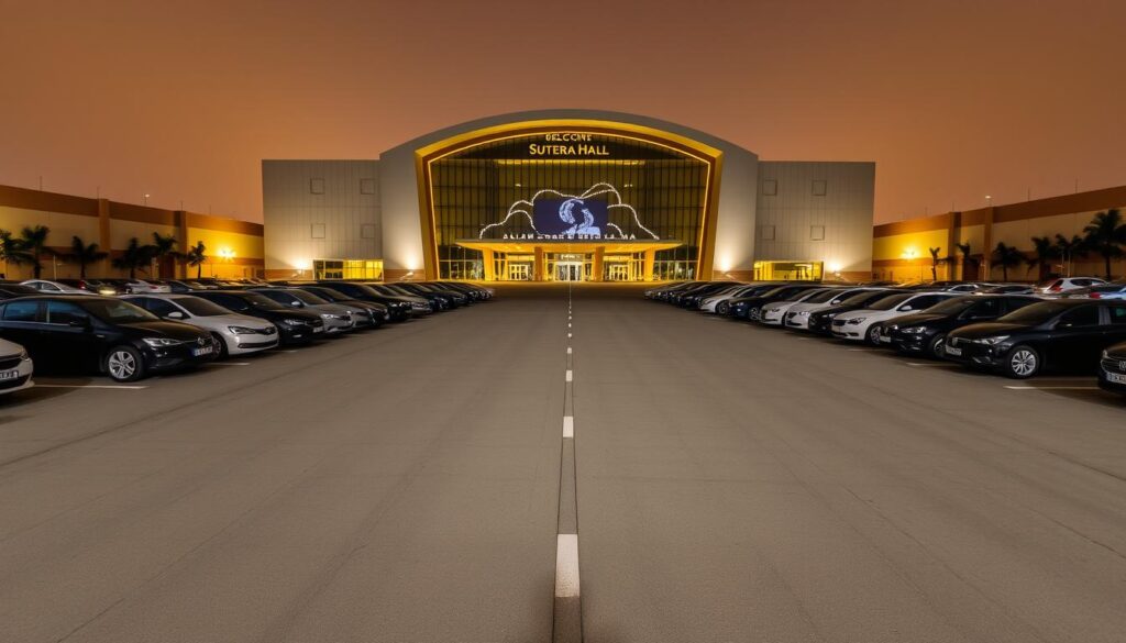 A vast, neatly paved parking lot stretches out before the grand facade of Sutera Hall, Alam Sutera. Rows of cars are neatly arranged, with ample space between them. The lot is well-lit, with warm, diffused lighting illuminating the scene. In the background, the modern, architectural wonder of Sutera Hall looms, its sleek, glass-and-steel design gleaming in the soft light. The overall atmosphere conveys a sense of accessibility, organization, and preparedness to welcome a large number of visitors to the event venue.