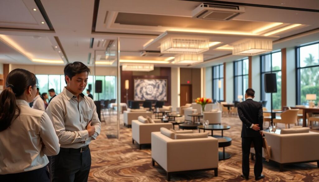 A well-appointed event venue, Sutera Hall, Alam Sutera, showcases a custom service experience. In the foreground, attentive staff assist guests with personalized requests, their uniforms crisp and professional. The middle ground features a sophisticated lounge area, plush seating inviting relaxation. In the background, the venue's modern architectural design creates an elegant ambiance, floor-to-ceiling windows allowing natural light to flood the space. Subtle lighting fixtures cast a warm glow, while high-quality audio equipment promises superior sound quality for any live performance or celebration. This harmonious scene conveys Sutera Hall's commitment to bespoke event services, ensuring each guest's needs are thoughtfully accommodated. A well-appointed event venue, Sutera Hall, Alam Sutera, showcases a custom service experience. In the foreground, attentive staff assist guests with personalized requests, their uniforms crisp and professional. The middle ground features a sophisticated lounge area, plush seating inviting relaxation. In the background, the venue's modern architectural design creates an elegant ambiance, floor-to-ceiling windows allowing natural light to flood the space. Subtle lighting fixtures cast a warm glow, while high-quality audio equipment promises superior sound quality for any live performance or celebration. This harmonious scene conveys Sutera Hall's commitment to bespoke event services, ensuring each guest's needs are thoughtfully accommodated.