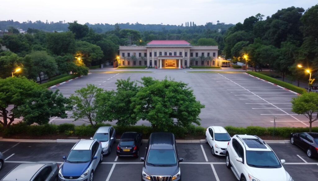 A wide and spacious parking lot surrounded by lush greenery, with the Sutera Hall, Alam Sutera building visible in the background. The lot is well-lit with warm, inviting lighting, and the entrance to the venue is clearly marked and accessible. In the foreground, cars are neatly parked, suggesting ample space and convenience for visitors. The overall scene conveys a sense of ease and accessibility, perfectly complementing the "Kemudahan Akses dan Parkir Luas" section of the article. A wide and spacious parking lot surrounded by lush greenery, with the Sutera Hall, Alam Sutera building visible in the background. The lot is well-lit with warm, inviting lighting, and the entrance to the venue is clearly marked and accessible. In the foreground, cars are neatly parked, suggesting ample space and convenience for visitors. The overall scene conveys a sense of ease and accessibility, perfectly complementing the "Kemudahan Akses dan Parkir Luas" section of the article.
