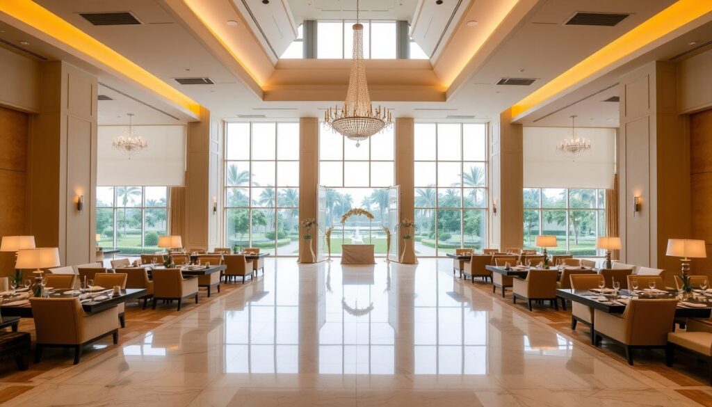 Elegant and spacious interior of the Sutera Hall, Alam Sutera, with high ceilings, large windows, and gleaming marble floors. Soft, warm lighting creates a inviting ambiance, complementing the luxurious furnishings and chandeliers. Panoramic views of the lush, manicured gardens outside through the floor-to-ceiling windows, evoking a serene, nature-inspired atmosphere. The overall impression is one of sophisticated refinement, perfectly suited for hosting grand, memorable weddings.