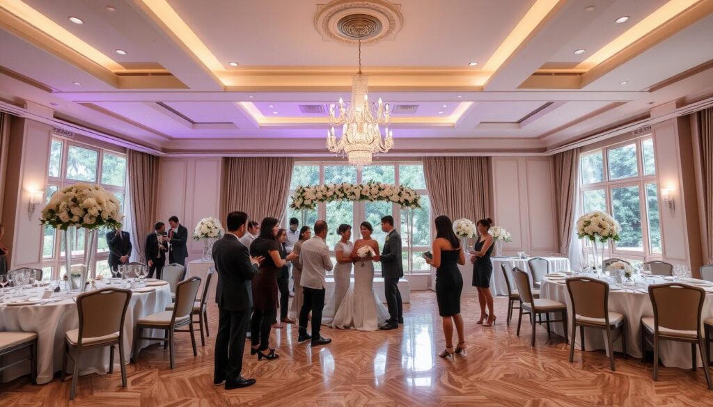 Elegant collaboration of wedding decor and entertainment vendors in a luxurious Sutera Hall, Alam Sutera. Refined floral arrangements, delicate lighting, and a touch of glamour set the stage for a seamless, high-end wedding experience. Couples mingle amidst classical music and tasteful table settings, surrounded by a soothing palette of whites, silvers, and soft greys. A stunning chandelier casts a warm glow, while large windows offer a glimpse of the lush, manicured gardens outside. The overall atmosphere exudes sophistication, professionalism, and the promise of a truly memorable celebration.