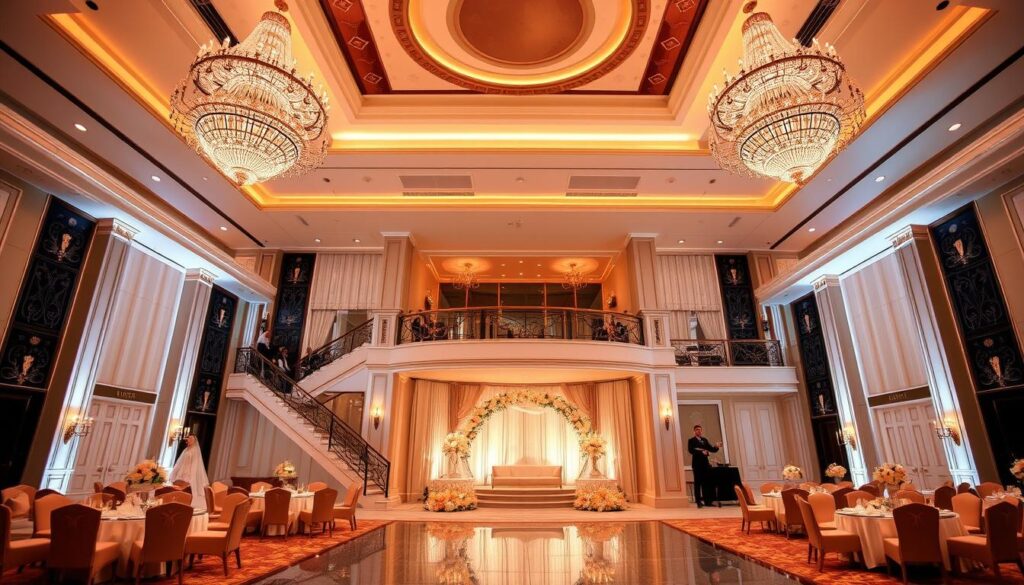 Luxurious wedding venue at Sutera Hall, Alam Sutera, showcasing a grand ballroom with high ceilings, sparkling chandeliers, and elegant decor. The space is bathed in warm, soft lighting, creating a inviting and romantic atmosphere. A sweeping staircase leads to a mezzanine overlooking the main event area, while ornate columns and plush furnishings exude an air of opulence. The expansive hall can accommodate large wedding parties, with ample space for a dance floor, dining tables, and a stage for live entertainment. Sophisticated and visually stunning, this luxury wedding venue offers a truly memorable experience.