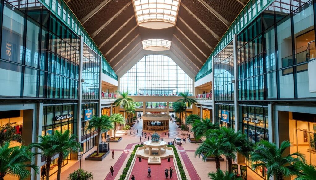 Majestic Sutera Hall, Alam Sutera, nestled within a vibrant, modern mall. A grand entrance leads to an expansive atrium flooded with natural light, framed by elegant glass facades. Sleek, contemporary architecture blends seamlessly with the lush greenery of the surrounding landscape. Wide, inviting walkways guide visitors through the bustling shops and restaurants, creating a harmonious atmosphere of commerce and leisure. Overhead, a dramatic skylight casts a warm, ambient glow, heightening the sense of openness and grandeur. This strategic location, at the heart of the thriving Alam Sutera community, offers unparalleled convenience and connectivity, making it the ideal setting for Sutera Hall's exceptional convention and event experiences.