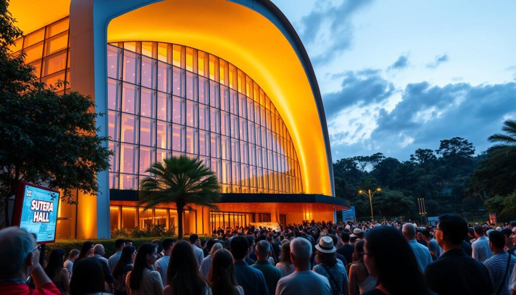 Majestic Sutera Hall, Alam Sutera, standing tall amidst lush greenery. A concert venue with contemporary architecture, featuring gleaming glass and steel, bathed in warm, golden lighting. Capture the evolution of this iconic space, from its humble beginnings to a premier live music destination. Showcase the grand exterior, with clean lines and elegant curves, inviting visitors to experience the joy of music. In the foreground, people gather, their expressions awestruck, as they anticipate the captivating performances to come. The middle ground reveals the venue's striking silhouette, while the background depicts the serene surroundings of the Alam Sutera community, creating a harmonious blend of modernity and nature. Majestic Sutera Hall, Alam Sutera, standing tall amidst lush greenery. A concert venue with contemporary architecture, featuring gleaming glass and steel, bathed in warm, golden lighting. Capture the evolution of this iconic space, from its humble beginnings to a premier live music destination. Showcase the grand exterior, with clean lines and elegant curves, inviting visitors to experience the joy of music. In the foreground, people gather, their expressions awestruck, as they anticipate the captivating performances to come. The middle ground reveals the venue's striking silhouette, while the background depicts the serene surroundings of the Alam Sutera community, creating a harmonious blend of modernity and nature.