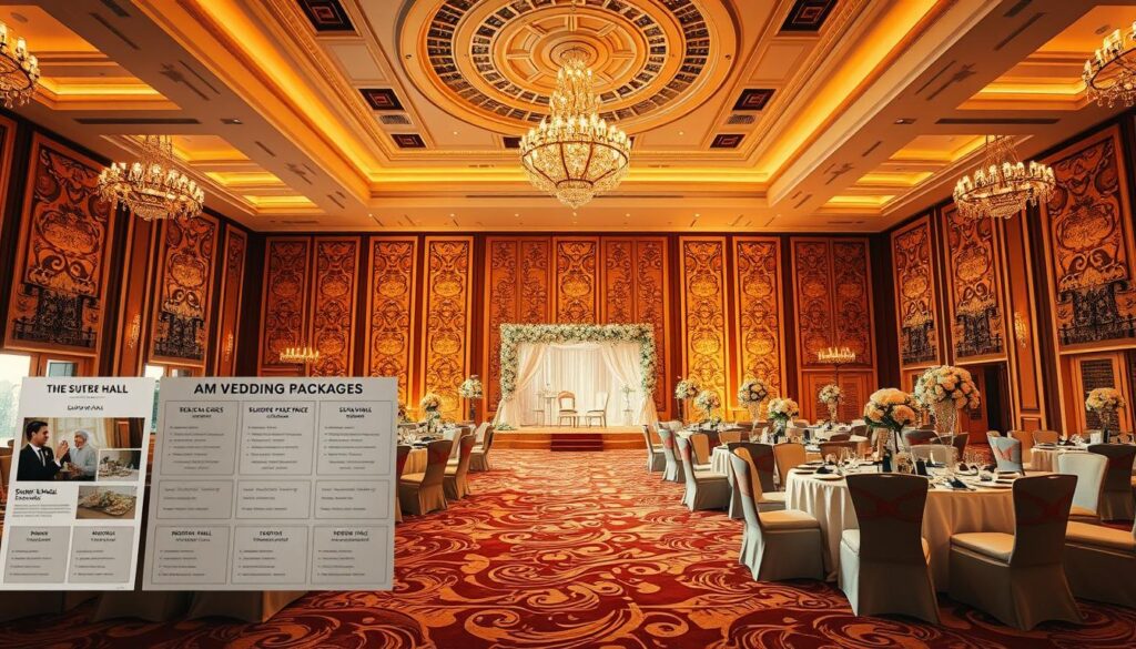 A grand and elegant ballroom with a sophisticated ambiance, flooded with warm, golden lighting that creates a dreamy, romantic atmosphere. The Sutera Hall's ornate, high-ceilings and ornate chandeliers create a sense of grandeur, while plush, luxurious seating and tables arranged in a thoughtful layout suggest the perfect setting for a lavish wedding celebration. The foreground showcases several wedding packages, their details visible, allowing for a direct comparison of the offerings. The middle ground features a tastefully decorated wedding ceremony setup, with elegant floral arrangements and a picturesque backdrop. The background depicts the opulent exterior of the Sutera Hall, conveying its prestige as a premier wedding venue in Tangerang.