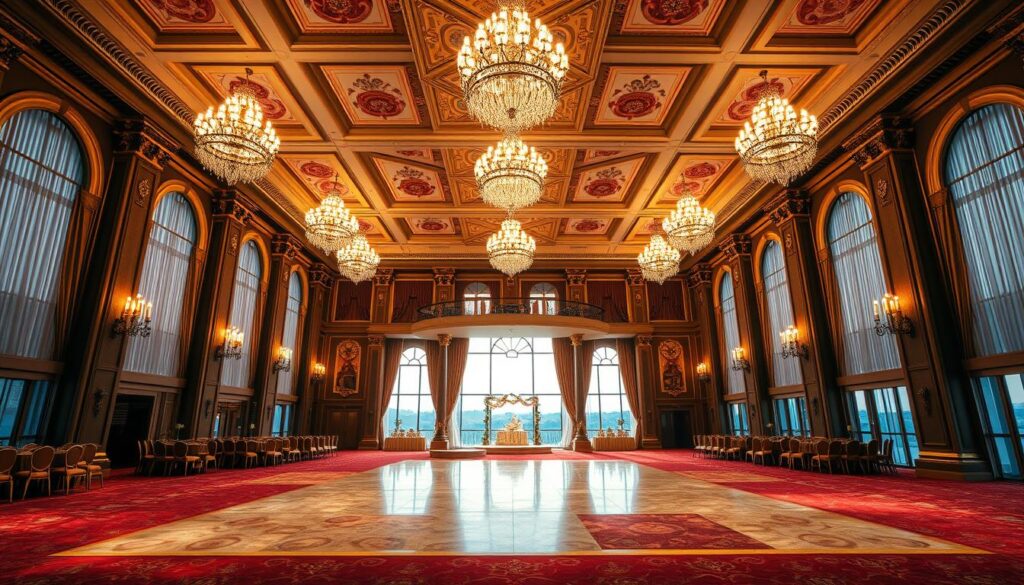 A grand and opulent ballroom, the Sutera Hall stands as a magnificent showcase of luxury and elegance. Gleaming chandeliers cast a warm, ambient glow, illuminating the intricately detailed ceiling adorned with ornate moldings. Plush, burgundy carpeting leads the eye towards the elegant dance floor, bordered by rows of ornate columns supporting a balcony above. Tall, arched windows allow natural light to flood the space, creating a bright and airy atmosphere. Sumptuous draperies in shimmering fabrics frame the panoramic views, hinting at the grandeur that awaits beyond. This lavish venue exudes an air of sophisticated refinement, perfectly suited to host the most enchanting and memorable wedding celebrations.