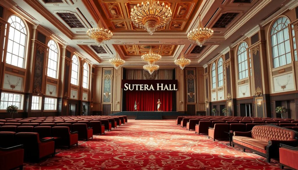 A grand and opulent interior design, featuring a spacious and luminous convention hall with high ceilings and large windows that flood the space with natural light. The room is adorned with elegant, sophisticated furnishings and decor, including plush velvet seating, intricate chandeliers, and ornate moldings. The color palette is a harmonious blend of rich, jewel-toned hues, creating a warm and inviting atmosphere. In the center of the hall stands the Sutera Hall brand, a focal point that commands attention. The overall impression is one of refined luxury and timeless elegance, perfectly suited for high-profile events and gatherings. A grand and opulent interior design, featuring a spacious and luminous convention hall with high ceilings and large windows that flood the space with natural light. The room is adorned with elegant, sophisticated furnishings and decor, including plush velvet seating, intricate chandeliers, and ornate moldings. The color palette is a harmonious blend of rich, jewel-toned hues, creating a warm and inviting atmosphere. In the center of the hall stands the Sutera Hall brand, a focal point that commands attention. The overall impression is one of refined luxury and timeless elegance, perfectly suited for high-profile events and gatherings.