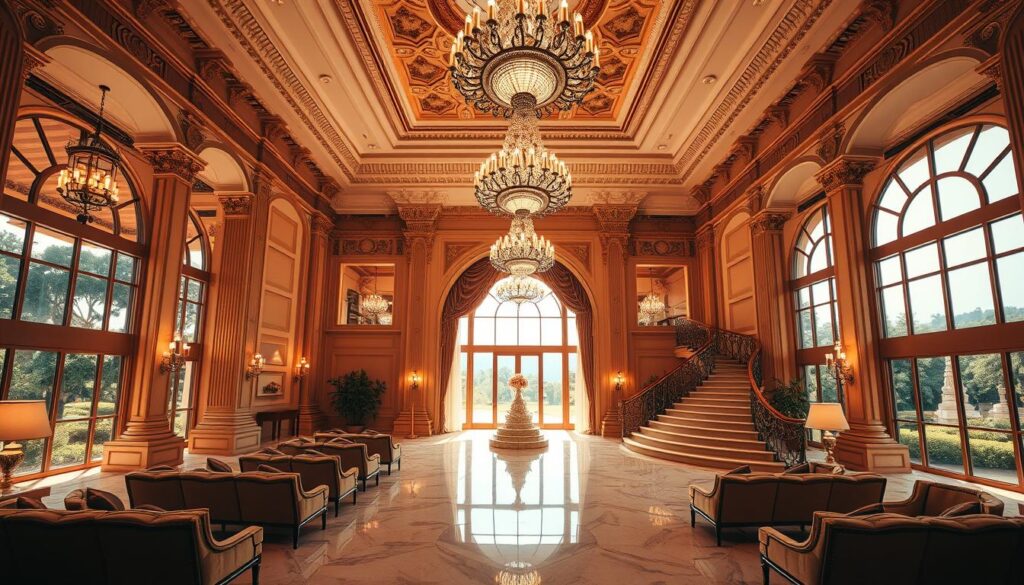 A grand and opulent wedding venue, Sutera Hall stands resplendent, its elegant facade bathed in warm, golden light. Majestic chandeliers cast a soft, ambient glow, illuminating the spacious, marble-floored foyer. Ornate columns and intricate, hand-carved moldings adorn the walls, exuding a timeless, sophisticated ambiance. Expansive windows offer sweeping views of lush, meticulously landscaped gardens, creating a serene, picturesque backdrop. Plush, velvet-upholstered seating and gleaming, polished wood accents lend an air of refined luxury, while the high, ornate ceilings and grand, sweeping staircase evoke a sense of grandeur and opulence, perfectly suited for a truly memorable wedding celebration.