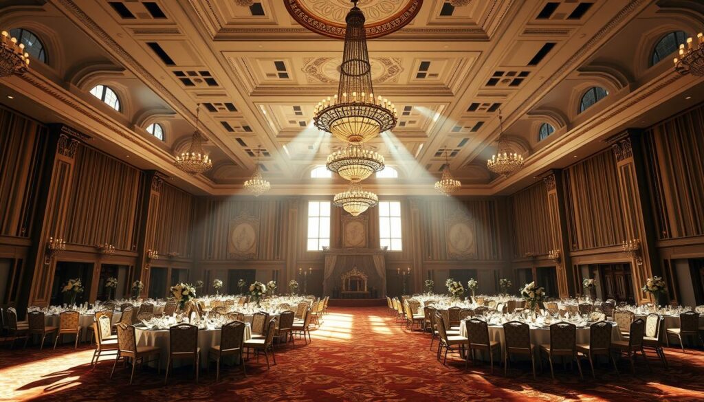 A grand ballroom interior with sophisticated elegance. Sunlight streams through large windows, casting a warm glow across the ornate chandeliers and intricate moldings. Vaulted ceilings create a sense of grandeur, while plush carpeting and lush draperies evoke an air of refined luxury. In the center, rows of ornate tables and chairs are arranged, ready to host a lavish wedding reception at Sutera Hall, a premier event venue in Tangerang. The space exudes an atmosphere of timeless sophistication, perfect for celebrating life's most joyous occasions.