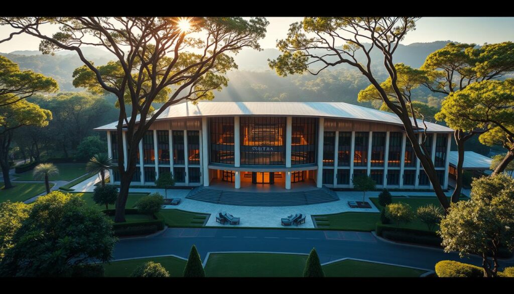 A grand, expansive venue nestled amidst lush greenery, Sutera Hall commands a strategic location, offering easy accessibility and ample parking. Sunlight filters through towering trees, casting a warm, natural glow across the meticulously manicured grounds. The building's sleek, modern architecture seamlessly blends with the surrounding landscape, creating a harmonious and visually striking setting. Expansive windows provide panoramic views, drawing the outdoors in and evoking a sense of tranquility. Meticulously curated lighting accentuates the venue's architectural features, creating a sophisticated and inviting ambiance perfect for any event.