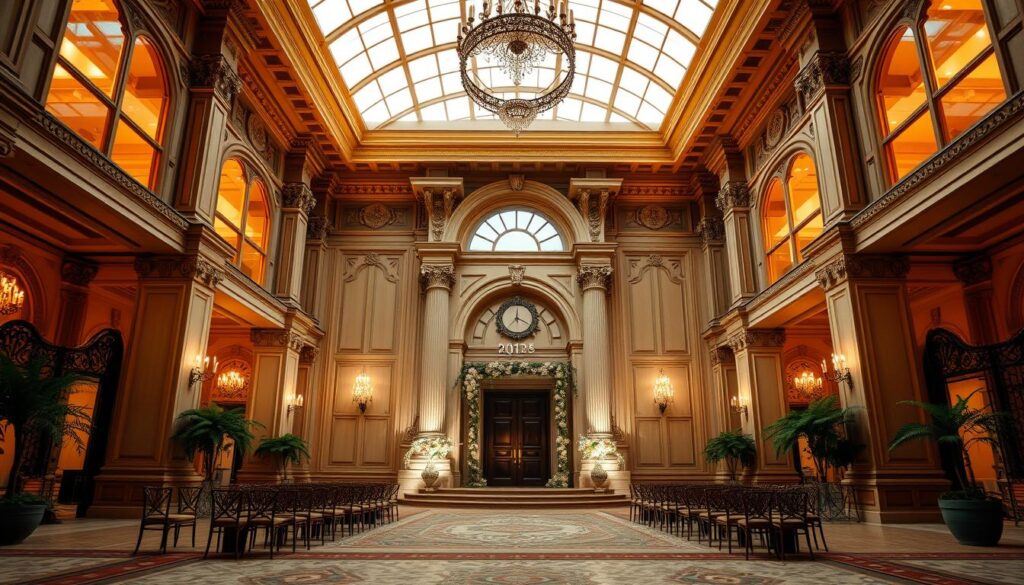 A grand, ornate Sutera Hall function hall nestled in the heart of Tangerang, surrounded by lush greenery and a serene, tranquil atmosphere. The stately building features ornate columns, grand arched entryways, and intricate architectural details, exuding an air of elegance and sophistication. Warm, diffused lighting from large windows bathes the interior in a soft, inviting glow, creating a welcoming and comfortable ambiance. The spacious, well-appointed event space is perfect for hosting intimate wedding ceremonies, grand receptions, and other celebratory occasions, offering a picturesque backdrop for the perfect function hall experience.