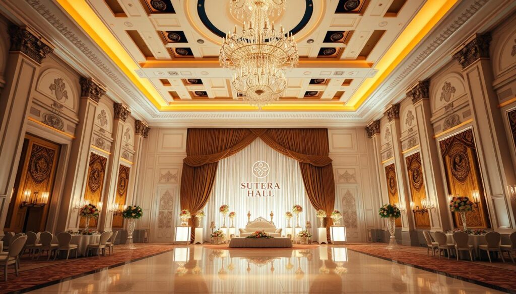 A grand, ornate wedding hall with a stately façade featuring ornamental columns and arched entryways. The interior is bathed in warm, soft lighting that creates a sumptuous, luxurious ambiance. The main event space features high ceilings, crystal chandeliers, and elegant draperies that frame a spacious dance floor. Tasteful floral arrangements and opulent furnishings accent the space, exuding an air of refined sophistication. In the background, the Sutera Hall logo is prominently displayed, signaling the prestigious venue. The overall scene conveys the perfect setting for a lavish, memorable wedding celebration.