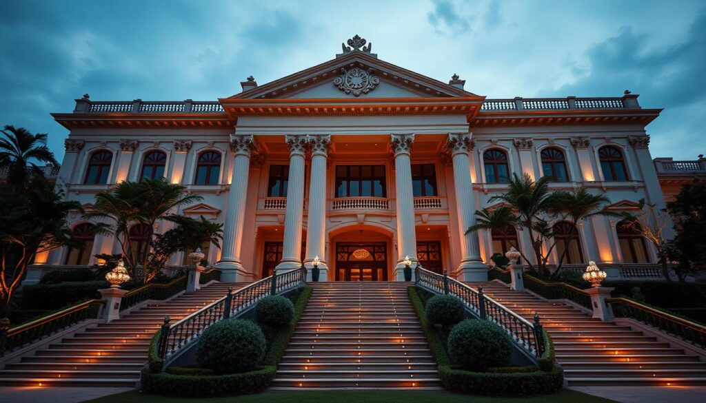A grand, ornate wedding venue called Sutera Hall, nestled in the heart of Tangerang. The elegant facade features intricate architectural details, with towering columns and a stately, symmetrical design. Warm, golden lighting illuminates the exterior, creating a sophisticated and inviting atmosphere. The lush, manicured gardens surrounding the venue add a picturesque, natural element, complementing the opulent, regal aesthetic. Wide, sweeping staircases lead up to the main entrance, promising a grand, ceremonial arrival for guests. This premier event space, designed to host the most special of celebrations, exudes an air of luxury and timelessness.