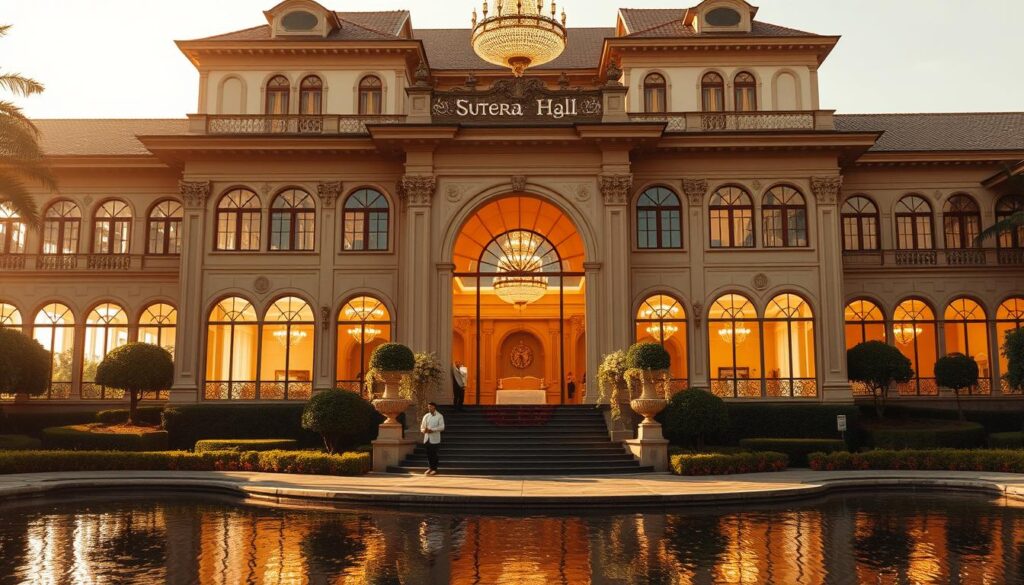 A grand, ornate wedding venue, the Sutera Hall stands majestically, its elegant facade bathed in warm, golden light. Manicured gardens and a tranquil pond surround the stately building, creating a serene, picturesque setting. Through large, arched windows, one can glimpse the opulent interiors, adorned with intricate chandeliers and plush, luxurious furnishings. The scene evokes a sense of timeless sophistication and the perfect backdrop for a memorable, once-in-a-lifetime celebration. The Sutera Hall, a premier function hall in Tangerang, exudes an atmosphere of refined grandeur, making it an ideal choice for the most special of occasions.