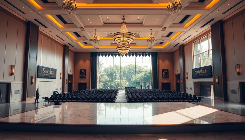 A grand, well-lit event hall with high ceilings and large windows, bathed in warm, natural light. The polished marble floors and elegant chandeliers create an air of sophistication. In the foreground, an expansive stage with a state-of-the-art sound system and lighting rig. On the walls, sophisticated wall sconces and tasteful artwork. In the middle ground, rows of comfortable, plush seating. The background features a view of lush, verdant gardens visible through the large windows, creating a serene, nature-inspired ambiance. This is the Sutera Hall, a premier event venue that seamlessly blends luxury and natural beauty.
