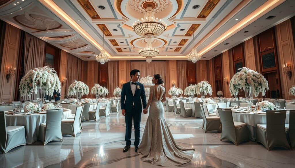 A lavish, elegant wedding reception at the prestigious Sutera Hall in Tangerang. The grand ballroom is bathed in soft, warm lighting, casting a romantic glow on the intricately decorated tables adorned with cascading floral arrangements. Sumptuous fabrics, ornate chandeliers, and gleaming marble floors create an atmosphere of refined opulence. Newlyweds stand hand-in-hand, basking in the luxurious ambiance as they greet their guests. Sutera Hall's impeccable service and state-of-the-art facilities elevate this wedding celebration to a truly premium experience.